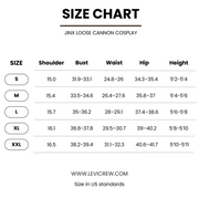 Size chart for Jinx Loose Cannon cosplay with measurements in US standards.
