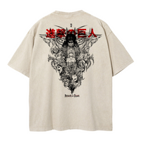 A beige vintage T-shirt featuring a graphic print of characters from the anime series Attack on Titan.