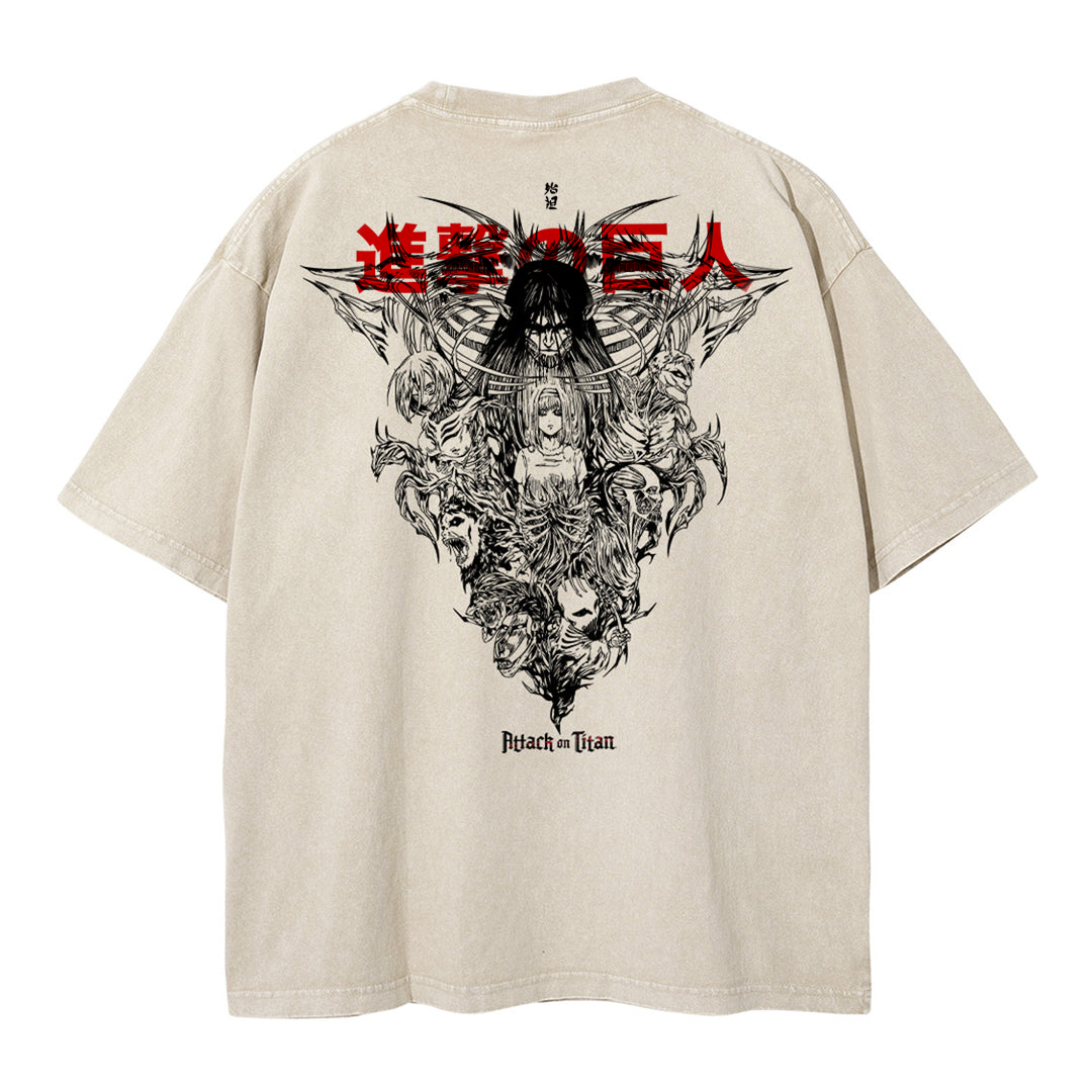 A beige vintage T-shirt featuring a graphic print of characters from the anime series Attack on Titan.