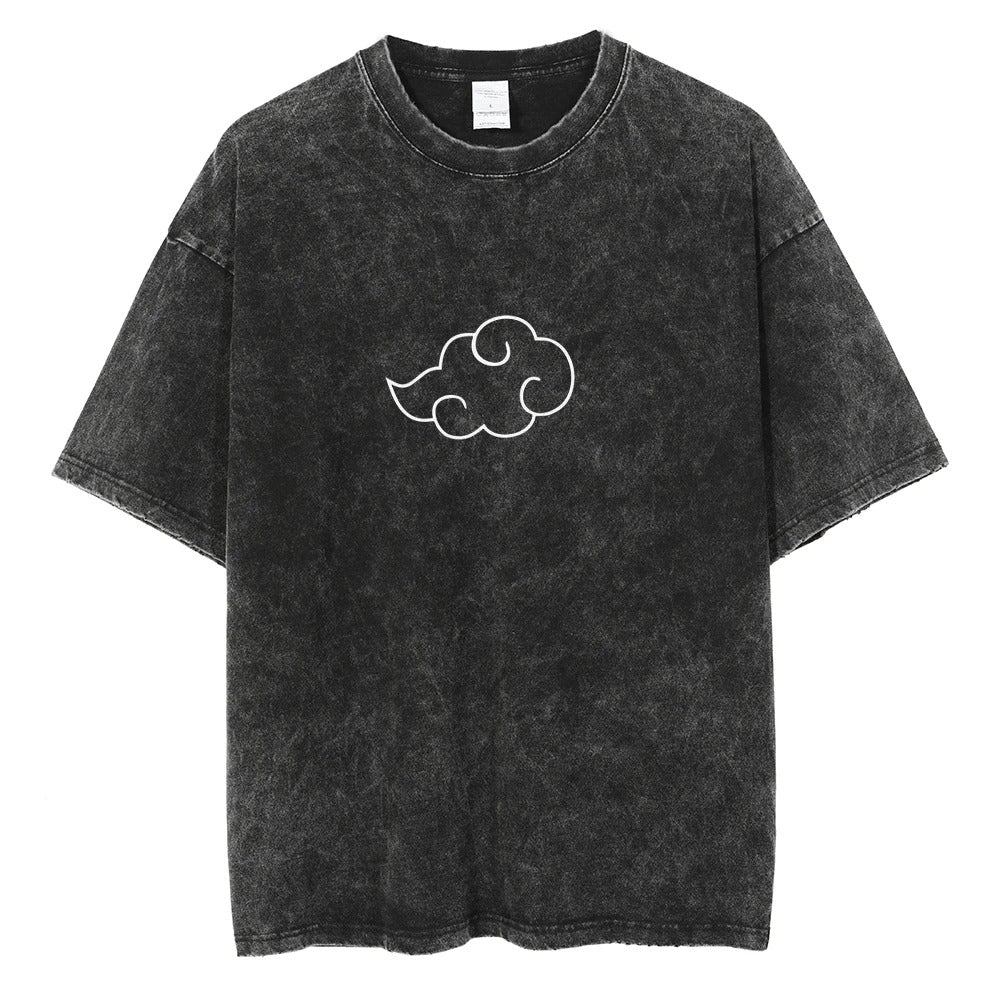 A black vintage T-shirt with a white graphic print of the Akatsuki symbol on the front.